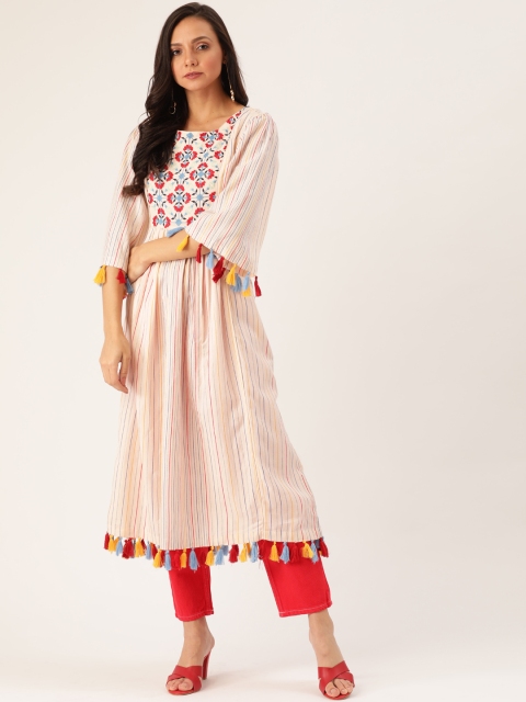 

Moda Rapido Women Peach-Coloured & Red Yoke Design A-Line Kurta