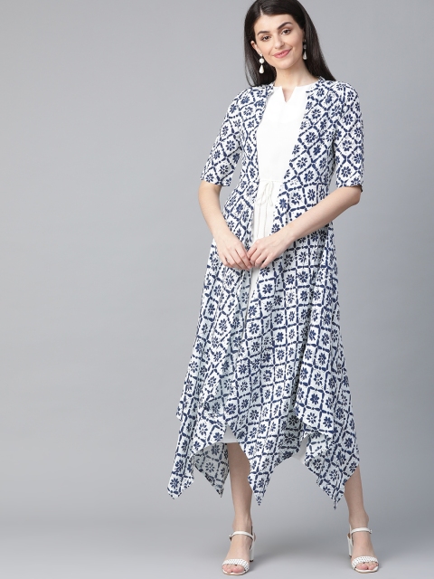 

HERE&NOW Women White Solid Maxi Dress with Printed Longline Jacket