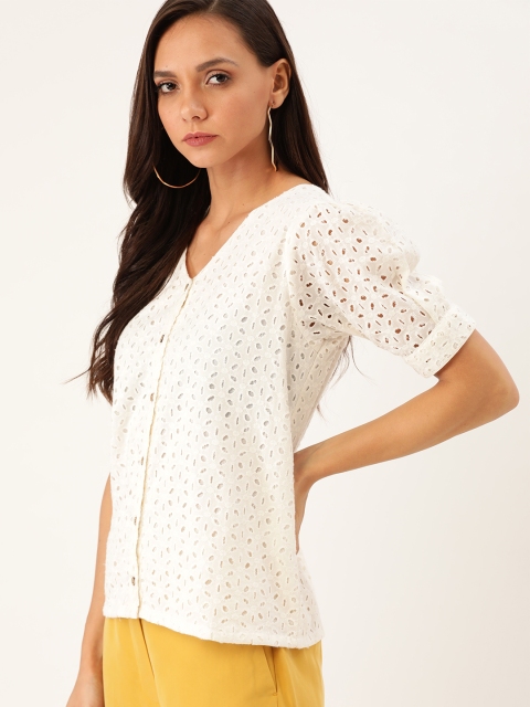 

Moda Rapido Women White Schiffli Floral Embroidered Top