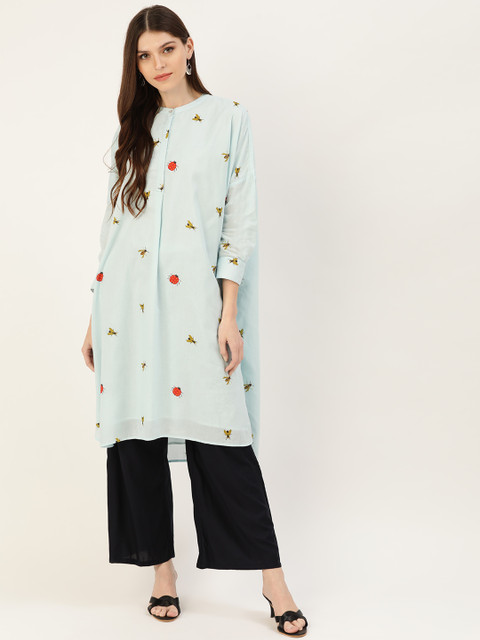 

Moda Rapido Women Blue & Red Printed Boxy High-Low Straight Kurta
