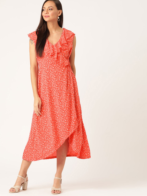 

Moda Rapido Women Red & White Floral Printed Ruffled High-Low Wrap Dress