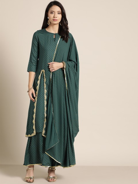 

Moda Rapido Women Green & Golden Printed Layered Kurta with Palazzos & Dupatta