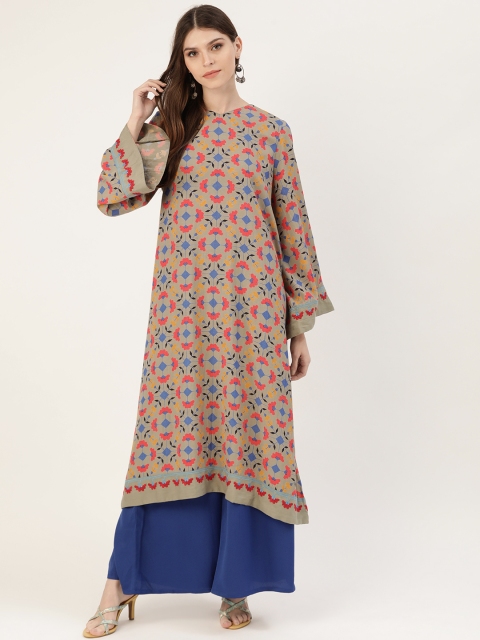 

Moda Rapido Women Taupe & Blue Printed Kaftan Kurta