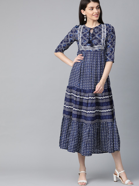 

HERE&NOW Women Navy & Off-White Printed Maxi Dress, Navy blue