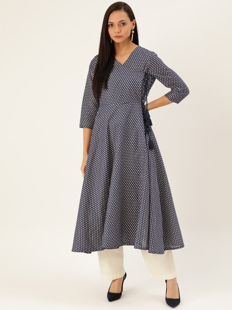 

Moda Rapido Women Navy Blue & Beige Printed A-Line Angrakha Kurta