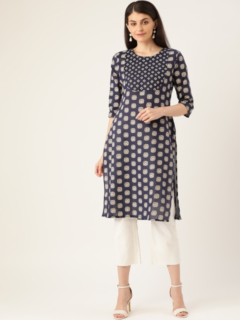

Moda Rapido Women Navy Blue & Beige Printed Straight Kurta