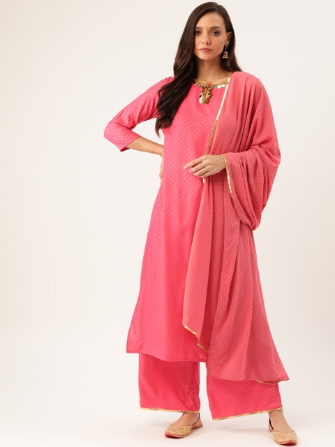 

Moda Rapido Women Pink & Golden Printed Kurta with Palazzos & Dupatta