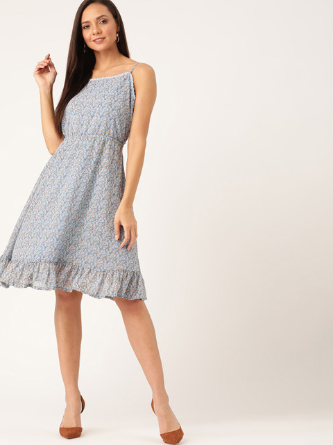 

Moda Rapido Women Blue & White Lace-Up Floral Printed A-Line Dress