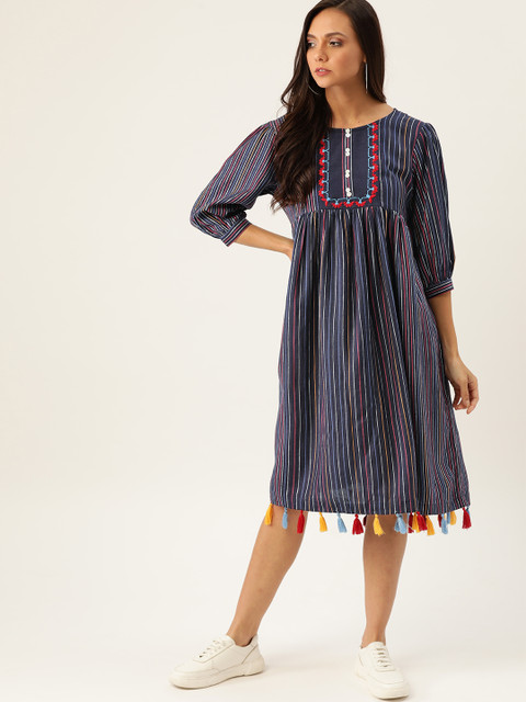 

Moda Rapido Women Navy & Red Tasseled Striped A-Line Dress, Navy blue
