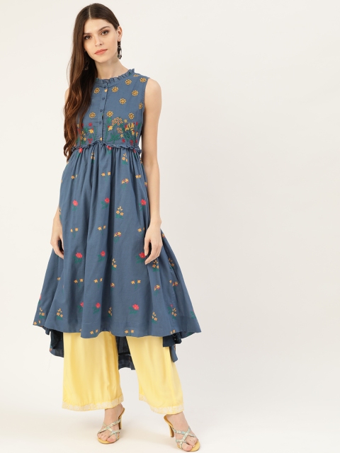 

Moda Rapido Women Navy Blue & Yellow Floral Embroidered High-Low A-Line Kurta