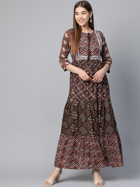 

HERE&NOW Women Coffee Brown & White Printed Tiered Maxi Dress