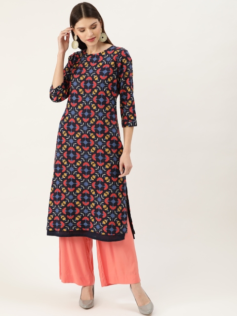 

Moda Rapido Women Blue & Pink Printed Layered Styled Back Straight Kurta