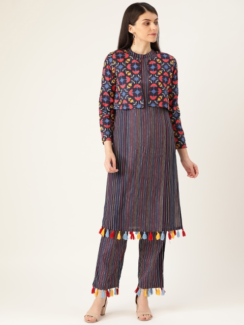 

Moda Rapido Women Navy Blue & Red Striped Layered Kurta with Trousers & Jacket