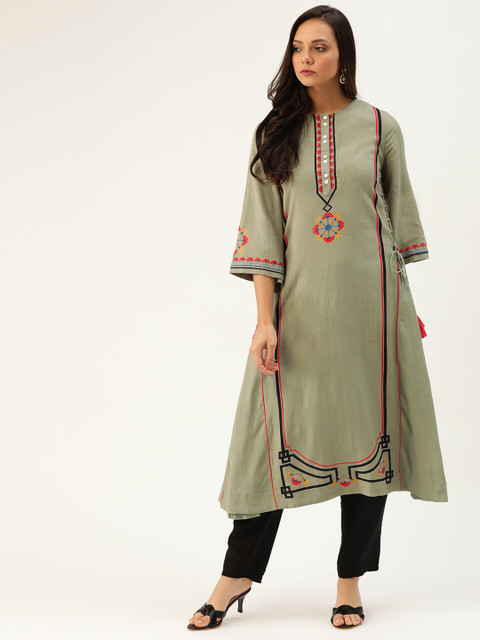 

Moda Rapido Women Olive Green & Red Printed A-Line Kurta