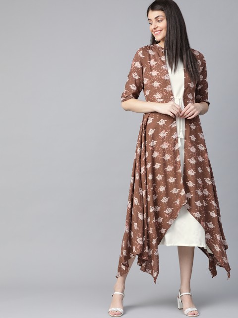 

HERE&NOW Women White Solid Maxi Dress with Printed Longline Jacket