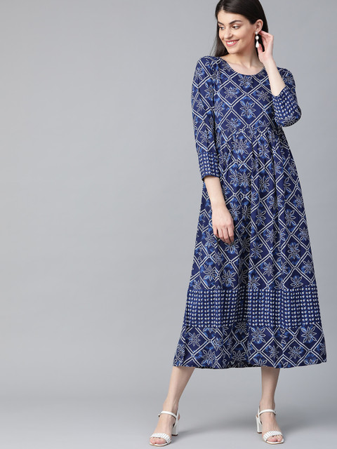 

HERE&NOW Women Navy & Off-White Printed Maxi Dress, Navy blue