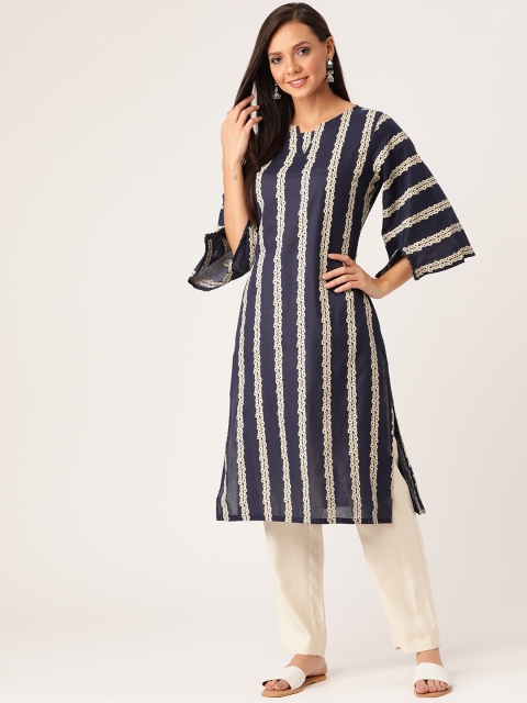 

Moda Rapido Women Navy Blue & Beige Striped Straight Kurta
