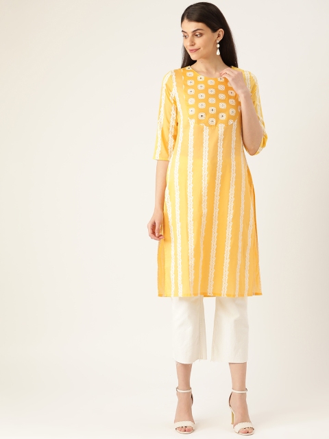 

Moda Rapido Women Yellow & Off-White Mirror Work Detail Striped Straight Kurta