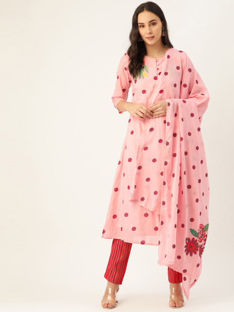 

Moda Rapido Women Pink & Red Printed Kurta with Trousers & Dupatta