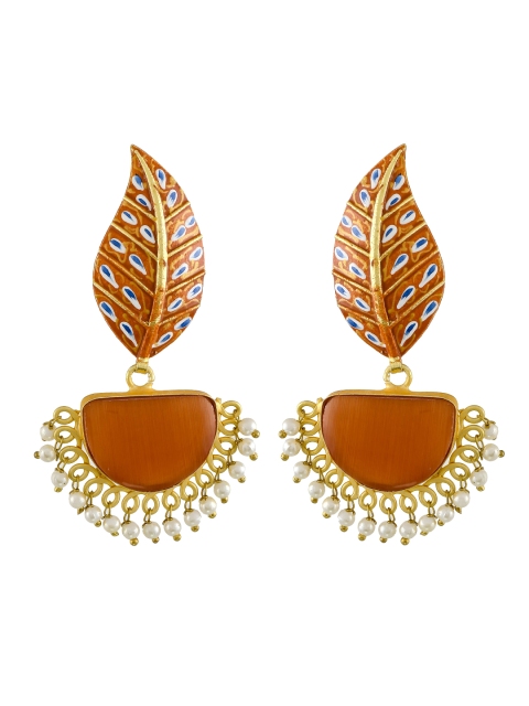 

Silvermerc Designs Brown Gold Plated Stone Studded Handcrafted Leaf Shaped Drop Earrings