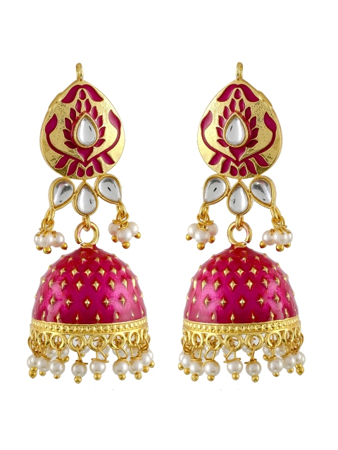 

Silvermerc Designs Pink Gold-Plated Kundan-Studded Handcrafted Enamelled Jhumkas