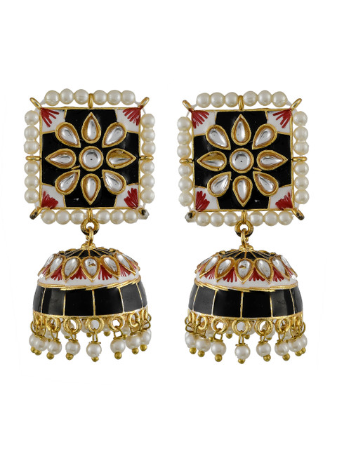 

Silvermerc Designs Black Gold-Plated Kundan-Studded Handcrafted Enamelled Square Jhumkas