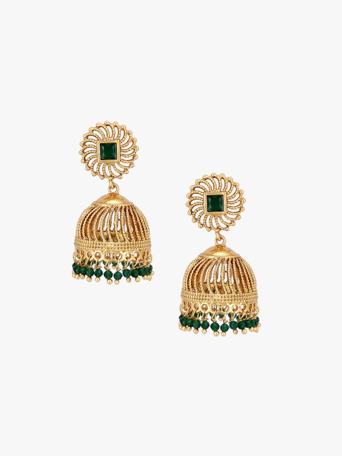 

Adwitiya Collection Green 24 Ct Gold-Plated Stone-Studded Dome-Shaped Jhumkas