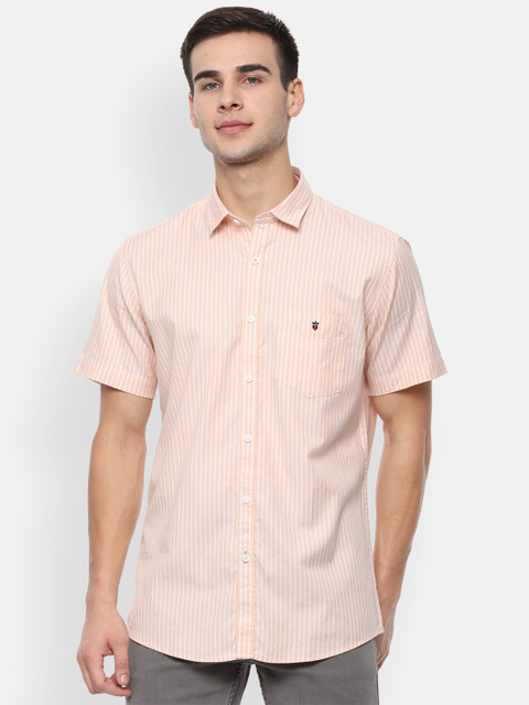 

Louis Philippe Sport Men Peach-Coloured & White Slim Fit Striped Casual Shirt