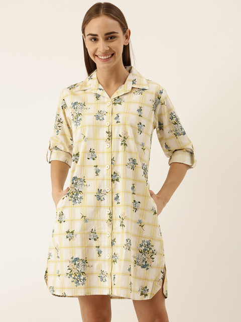 

Clt.s Women Off White & Yellow Floral Printed Sleep Shirt