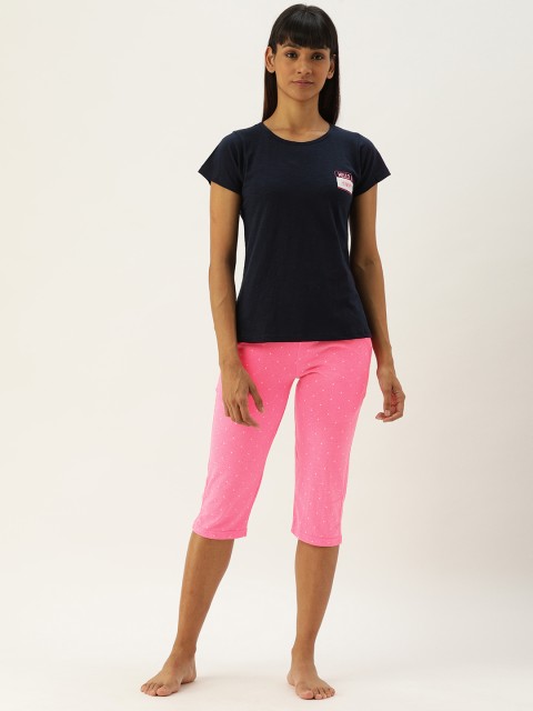 

Clt.s Women Navy Blue & Pink Printed Night suit