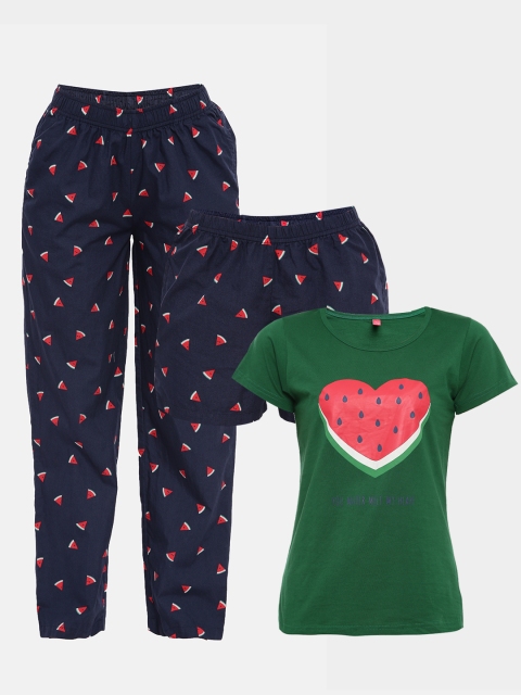 

Clt.s Women Green & Navy Blue Printed Night suit Set