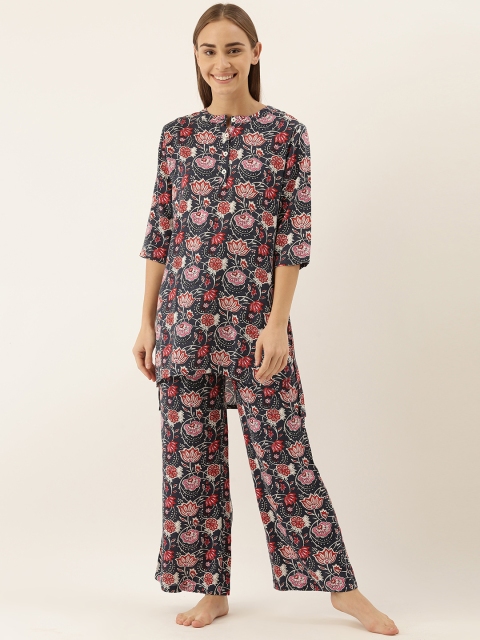 

Clt.s Women 2 Pc Blue & Red Floral Printed Night Suit Set