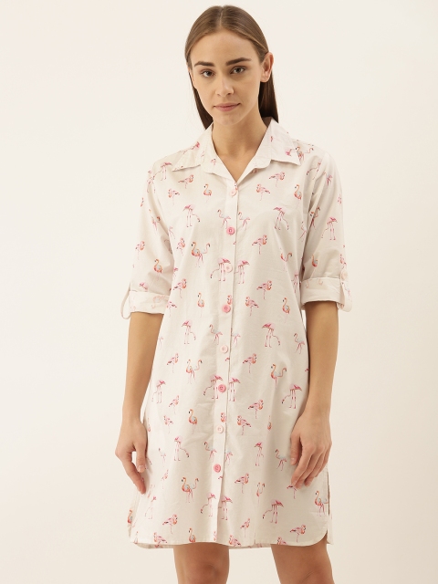 

Clt.s Women White & Pink Tropical Printed Sleep Shirt
