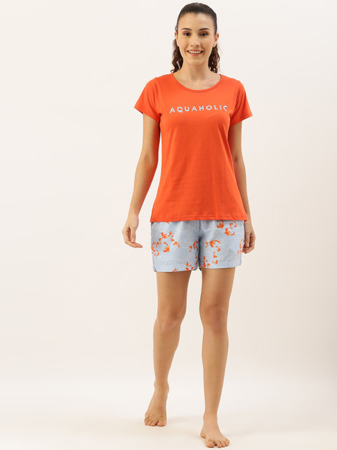

Clt.s Women 2 Pc Orange & Blue Printed Night Suit Set
