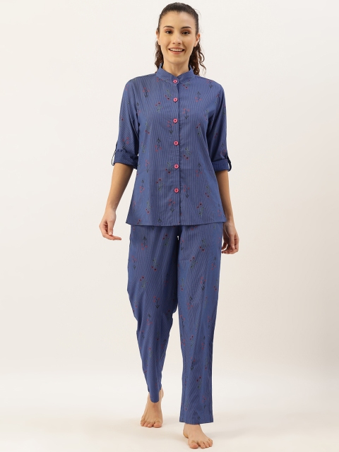 

Clt.s Women 2 Pc Blue & Pink Floral Printed Night Suit Set