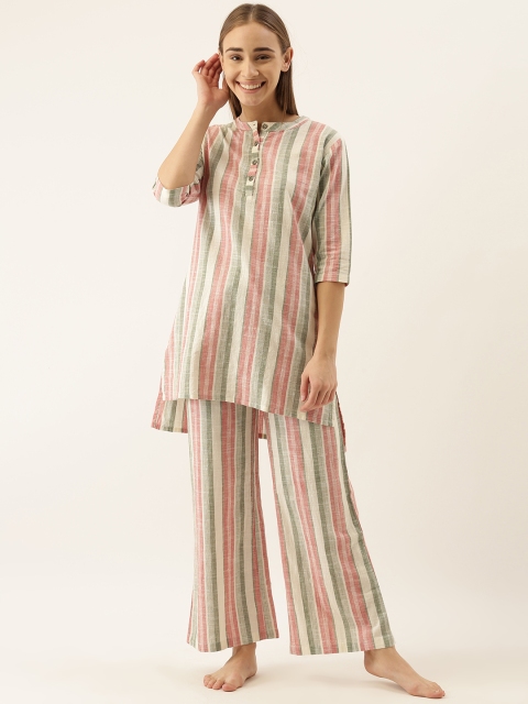 

Clt.s Women 2 Pc Off-White & Red Striped Night Suit Set