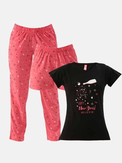 

Clt.s Women Coral Pink & Black Printed Night suit Set