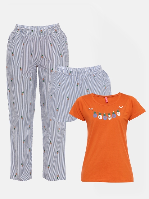 

Clt.s Women 3 Pc Orange & Blue Conversational Printed Night Suit Set