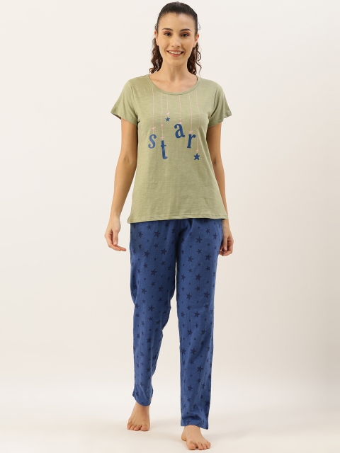 

Clt.s Women 2 Pc Olive Green & Navy Blue Printed Night Suit Set