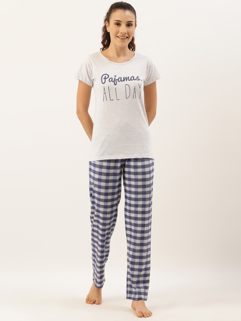 

Clt.s Women 2 Pc White & Grey Melange Printed Night Suit Set