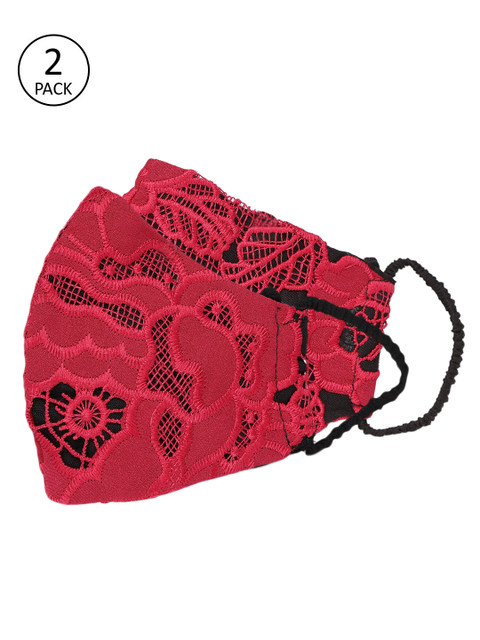 

QUIERO Women Red & Black Pack of 2 Schiffli Embroidery 2-Ply Reusable Outdoor Cloth Masks