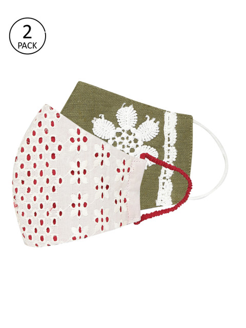 

QUIERO Women Pack of 2 Schiffli Embroidered & Lace Work 2-Ply Reusable Outdoor Cloth Masks, Olive