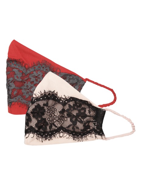 

QUIERO Women Pack of 2 Lace Work 2-Ply Reusable Outdoor Cloth Masks, Peach