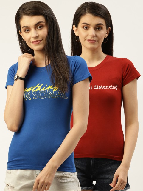 

U&F Women Pack Of 2 Printed Detail Round Neck T-shirts, Blue