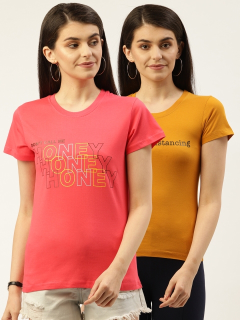 

U&F Women Pack Of 2 Printed Round Neck T-shirts, Coral