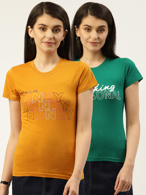 

U&F Women Pack Of 2 Printed Round Neck T-shirts, Green