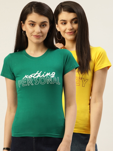 

U&F Women Pack Of 2 Printed Round Neck T-shirts, Yellow