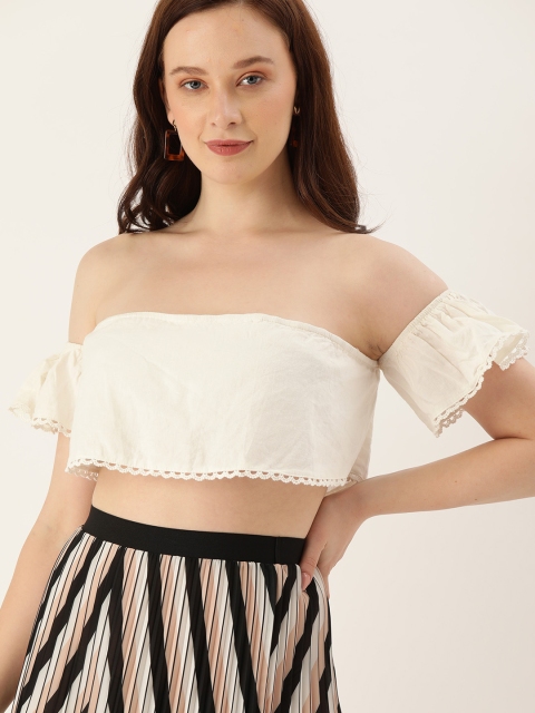 

FOREVER 21 Women Off-White Solid Cropped Bardot Top With Lace Inserts