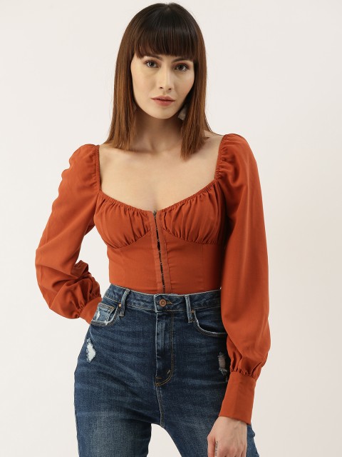 

FOREVER 21 Women Brown Solid Gathered Fitted Top
