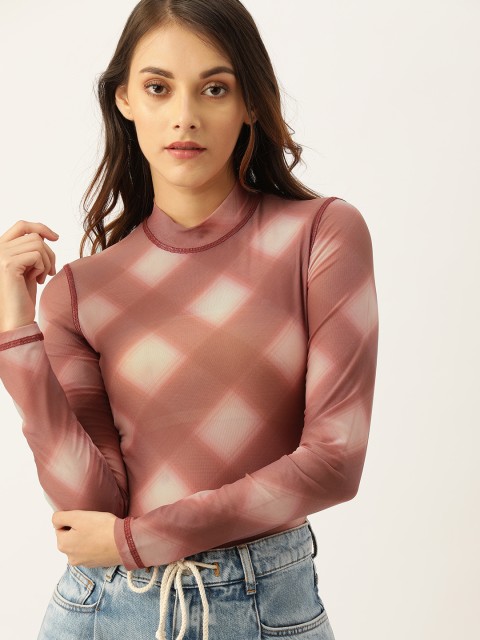 

FOREVER 21 Women Rust Brown & Cream-Coloured Checked Fitted Top